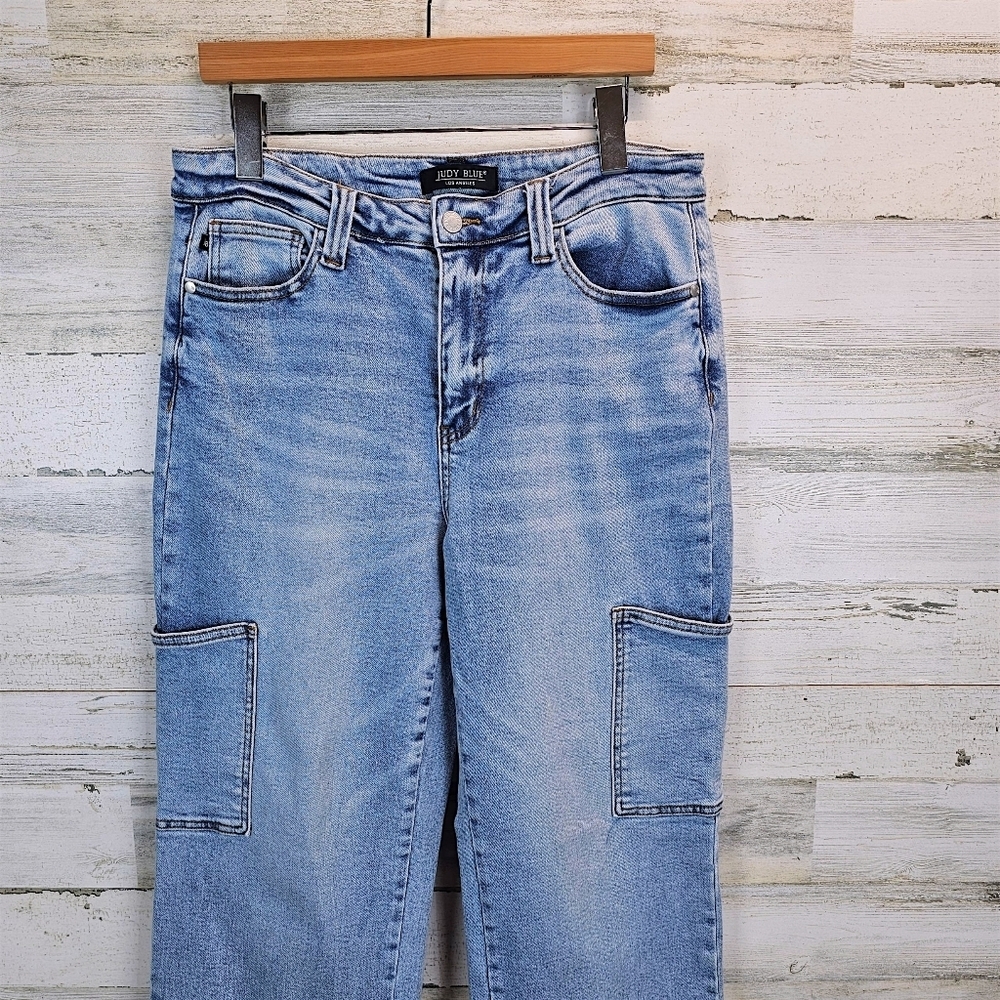 Judy Blue Claire Light Wash High Waist Wide Leg Cargo Jeans Stretch Denim 31 - Picture 6 of 13